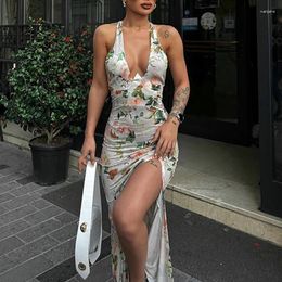 Casual Dresses Summer Floral Print Split Long Dress Sexy V-neck Low Cut High Waist Ladies Sleeveless Hollow Out Slim Holiday