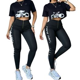 Women Two Piece Pants Summer Clothing Black Sportswear Casual Cropped Tops and Leggings Jogging Set Free Ship