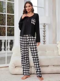 Kvinnors sömnkläder Plaid Kvinnor Pyjama Set Long Slves Front Button Top Heart Print Pants Fall Winter Female Slpwear 2 Piece Nightwear Homewear Y240426