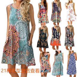 Big round neck vest dress Spring/Summer 2024 Wish New Sleeveless krane Element Print Pocket