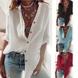 Shirt S5XL Plus Size Autumn Cotton Linen Shirt Fashion Button Up Women Shirts White Casual Loose Tops Solid Rollable Sleeve Top Blusa