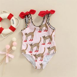 Baby Girl Leopard Print Swimsuit Cute Bow Swimwear 26Y Kids Children Summer Casual Backless Bathing Suit Beachwear 240415