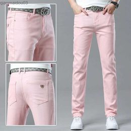 Men's Jeans Mens high-quality pink red and yellow jeans fashionable casual classic slim fit soft mens brand high-end elastic pantsL2404