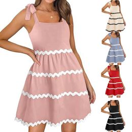 Beach Dresses Summer Women Wave Striped Print Contrast Color Slip Dress Tie Knt Sleeveless Flowy Backless Short Mini 240417