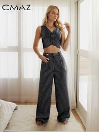 Women's Two Piece Pants CMAZ Striped High Waist Pant 2 Piece Sets Women Outfit Casual Waistcoat Cropped Slveless Tops Baggy Pants Trousers Suit 551553 Y240426