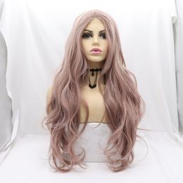 MACHINE MADE Pink big wavy mixed color front lace wig chemical fiber high temperature wire lace chemical fiber wig women long hair headgear curly hair