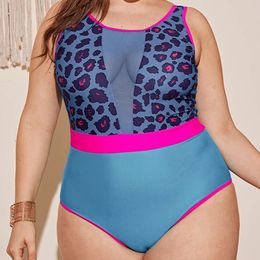 New Large-sized Chubby Girl One-piece Sexy Perspective Leopard Print Color Blocking Jumpsuit Bikini for Women