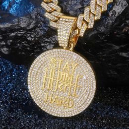 Strands Hip Hop Stay Hard Letter Pendant Cuban Chain Necklace Punk Gold Coloured Ice Sparkling Necklace Fashionable Charm Mens Jewellery 240424