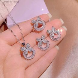 Wedding Jewelry Sets High Quality Shiny Zircon Butterfly Hoop Shape Earrings Pendant Necklace Ring Ladies Party Birthday Gift H240426
