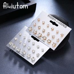 Stud Aliutom 9 Çiftler/Set Karışımı Tasarım Kare Kristal Saplama Küpe Piercing Altın Renk Gümüş Renk Küpeleri Kadınlar İçin Bijoux Takı D240426