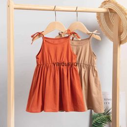 Girl's Dresses Solid Color Dress Kid Sleeveless Knee-length Pure Cotton Girl Skirt Summer One-piece Dress Beachwear Breathable 2023 New Style H240429