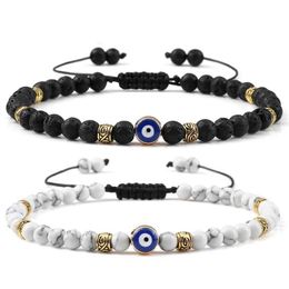 Beaded Lucky Evil Eye Bracelet for Men Natural Stone 4mm Tiger Lava Agate Beads Adjustable Woven and