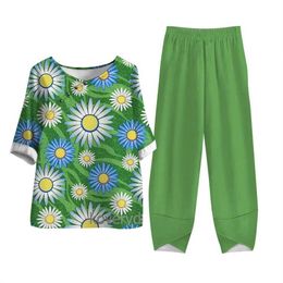 Women's Two Piece Pants O Neck Tops Two Piece Sets Sunflower Print Cute Pattern Half Slves Sets With Long Pants Pockets Winter Fall For Women Clothing Y240426