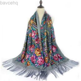 Shawls Russian National Scarf Women Floral Print Bandana Shawl Ethnic Fringed Handkerchief Babushka Hijab Head Wraps Pashmina d240426