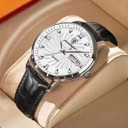 Wristwatches POEDAGAR High Quality Mens Fashion Luxury Casual Belt Leather Strap Date Week Luminous Waterproof Quartz Men es+Box Y240425