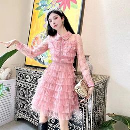 Casual Dresses 2024 Arrival Autumn Pink Mesh Cake Party Dress French Women Diamonds Doll Collar Flower Print Layers Ruffles Vestidos