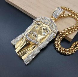 Hip Hop Rhinestones Paved Bling Iced Out Gold Colour Stainless Steel Jesus Piece Pendants Necklace for Men Rapper Jewelry19836441