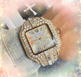 Iced Out Men Square Roman Tank Watch Quartz Battery Core Clock Calendar Stainless Steel Band Clock Shiny Starry Full Diamonds Ring Bezel Watches montre de luxe gifts