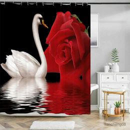 Shower Curtains Red Rose Flower swan Shower Curtains Bathroom Bathtub Waterproof Bath Curtain Romantic Valentines Day Home Decoration Curtain