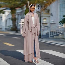 Ethnic Clothing 2 Layer Muslim Woman Abaya Islamic Kimono Dubai Turkey Modest Outwear Hijabi Robe Casual Ramadan Eid ( No Scarf )