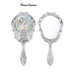 Mirrors Flower Knows Swan Ballet Series Hand Holding Mirror 3 Types Exquisite Relief Makeup Tools Pink Blue White