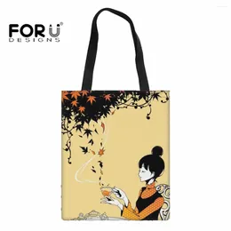 Evening Bags FORUDESIGNS Ladies Totes Commuter Reusable Elegant Art Girl Cartoon Shopping Handbags Cosmetic Storage One-shoulder
