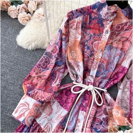 Basic Casual Dresses 2024 Spring Holiday Flower Loose Dress Womens Stand Long Sleeve Single Breasted Lace Up Floral Print Chiffon Robe Dhfqi