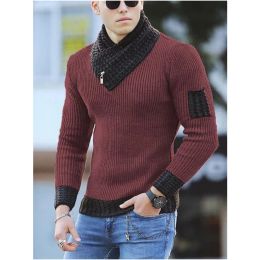 Sweaters Men Turtleneck Sweaters Scarf High Collar Knitwear One Piece Sweater Korean Fashion Vintage Oversize 2023 Winter Men Clothing