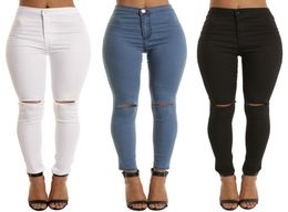High Waist Casual Skinny Jeans For Women Hole Girls Slim Knee Ripped Denim Pencil Pants Elasticity Black Blue Trousers7710127