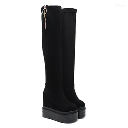 Boots Knee High Thin Legs Elastic 14cm Heels Thick Bottom Women Platform Black Thigh