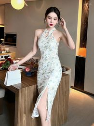 Casual Dresses Summer Women Midi Dress Sweet Chinese Style Qipao Sexy Lace Hook Flower Hollow Halterneck Sleeveless Wrap Slit Party