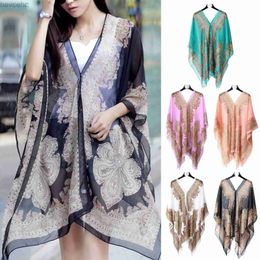 Shawls Woman Chiffon Blouse Fashion Women Scarf Shawl Printed Sunscreen Sun Protection Shawl Beach Shawl Soft Loose Bikini Cover Tops d240426