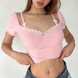 Women's T Shirts Sexy Lace Bow Square Neck T-shirt Summer T-shirts 2024 Skinny Chic Short SLeeve Open Navel Strap Tops For Ladies
