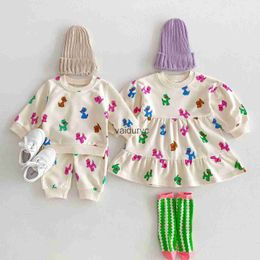 Clothing Sets Baby Clothing Set Cute Dog Print Girls Dress Boys Hoodies Suit Brother And Sisters Clothing H240426