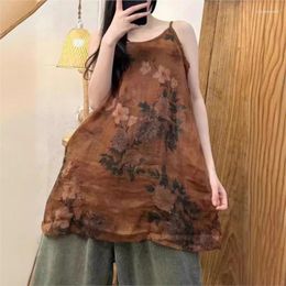 Women's Tanks Johnature 2024 Woman Spring Print Linen Loose Vintage Personality Suspenders Fashion Chinese Style Niche