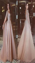 2019 Elegant Dubai Beading Long Evening Dresses with Cape Tulle Floor Length Arabic Women Formal Prom Gown Custom Made Vestido Fes9923825