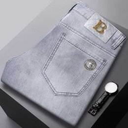 b Brand Denim Jeans for Mens 2024 Spring/summer Trend Stamping Print Elastic Slim Fit Small Leg Long Pants Light Grey