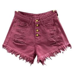 Women's Shorts Wine Red Denim Shorts Women 2024 Single-breasted Hole Tassel A Wide-leg Jeans Short Femme Y2k Shorts Y240425