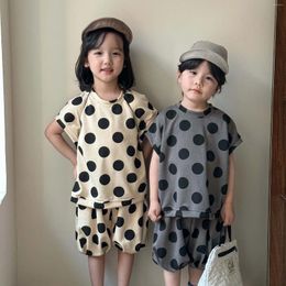 Clothing Sets 2024 Summer Children Short Sleeve Clothes Set Boys Girls Pokal Dot Loose Sports Vest Shorts 2pcs Suit Kids Casual Outfits