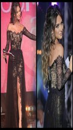 2018 Arabic Black Lace Evening Dresses Offshoulder Long Sleeves Side Split with Tulle Overskirt Formal Gowns Elie Saab Prom Dress9614456