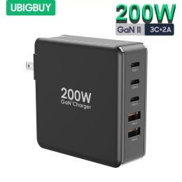 Chargers Ubigbuy 200W USB C Wall Charger, 5Port GaN II Fast Charging Station PPS PD 100W 65W Power Adapter for Laptops Tablet SmartPhone