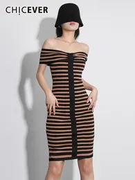 Casual Dresses CHICEVER Striped Slimming Midi For Women Slash Neck Sleeveless High Waist Patchwork Zipper Summer Hit Colour Dress Female