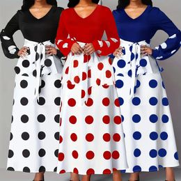 Plus Size Polka Dot Print Dress Elegant Ruffle Trim Long Sleeve Maxi Clothing 240425