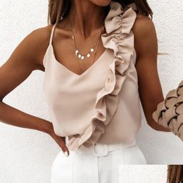 Women'S Blouses & Shirts Womens Women Y V Neck Ruffle Blouse 2022 Summer Backless Spaghetti Strap Casual Tops Elegant Sleeveless Offi Dhrag