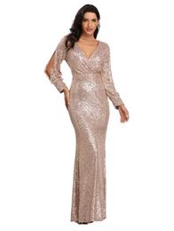 Runway Dresses Womens Sparkling Sequin Mermaid Evening Slve Ballgown V Neck Long Slve Mermaid Dress for Date Formal Dress Women Elegant Y240426