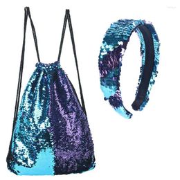 Drawstring Reversible Sequin Bag Cinch Sack Backpack Purses Rucksack Headwear Set For Kids Girls
