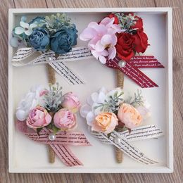 Decorative Flowers Artificial Silk Rose Flower Groom Boutonniere Man Buttonholes Bride Wrist Corsage Hand Wedding Party Decoration 1 Pieces