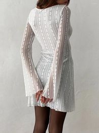 Casual Dresses Womens Lace Mini White Dress Sheer Flare Long Sleeve Round Neck Elegant For Cocktail Party Club