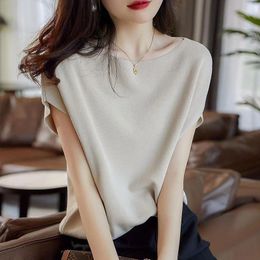 Women's Sweaters Ice Silk Short Sleeve T-shirt Female 2024 Summer Wear Thin Knitwear Loose Batwing Western Style Boat Neck Comfort