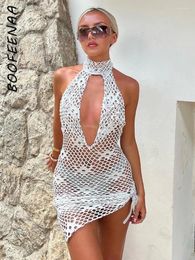 Casual Dresses BOOFEENAA See Through Hollow Mesh Summer Dress White Black Sexy Backless Mini Vacation Outfits Woman 2024 C85-BI10